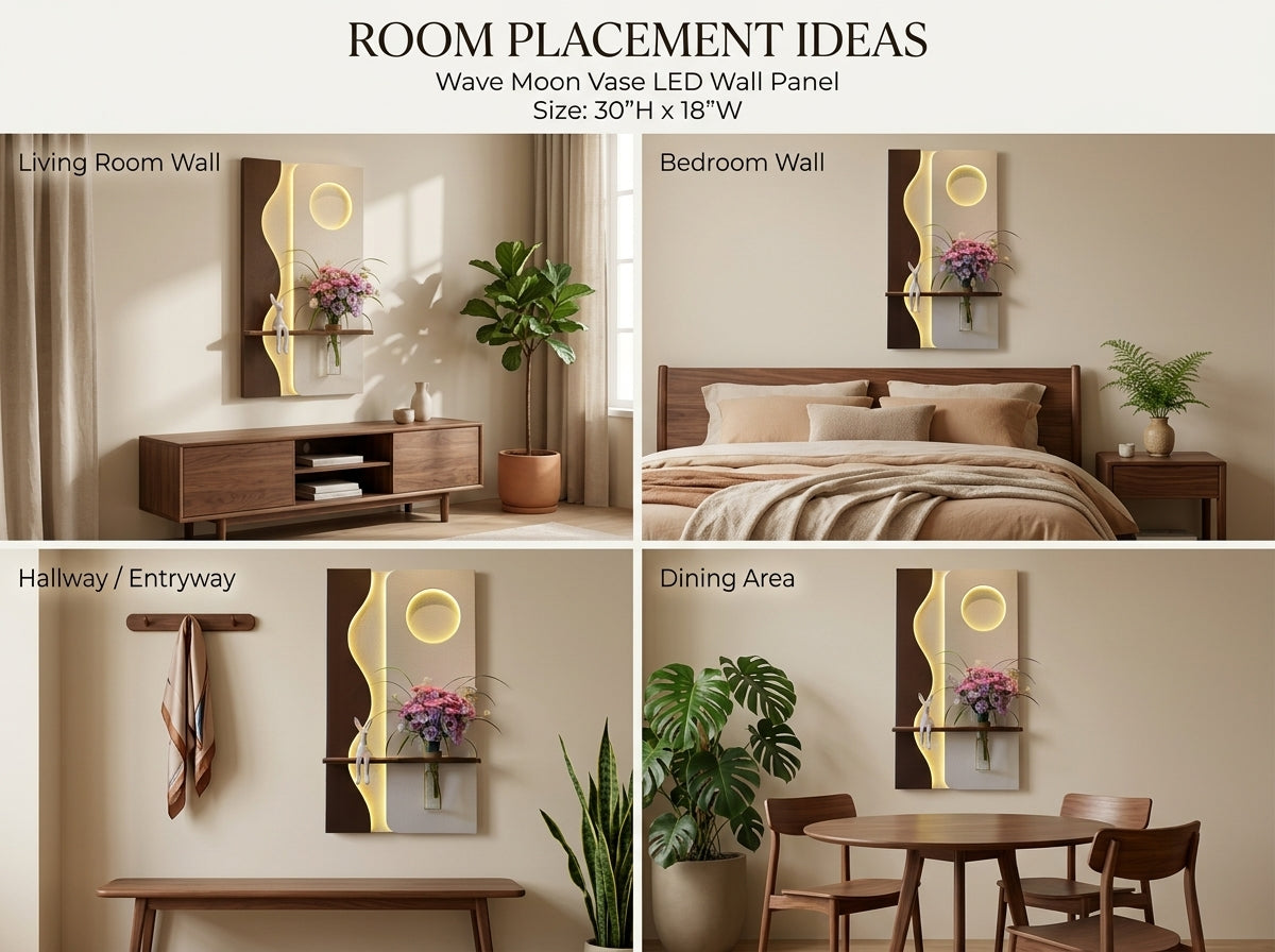 LED wall art Wave Moon Vase Panel room placement ideas