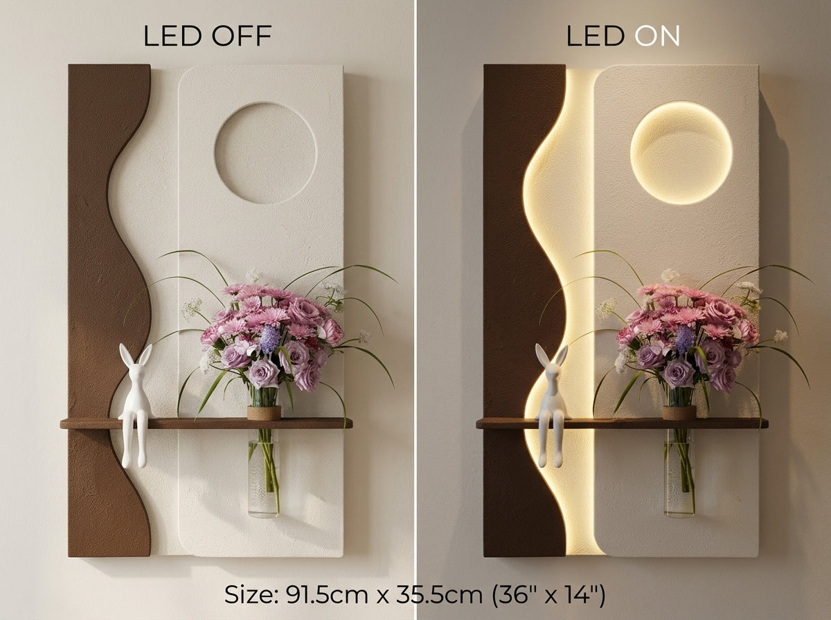 LED wall art Wave Moon Vase Panel LED on off comparison