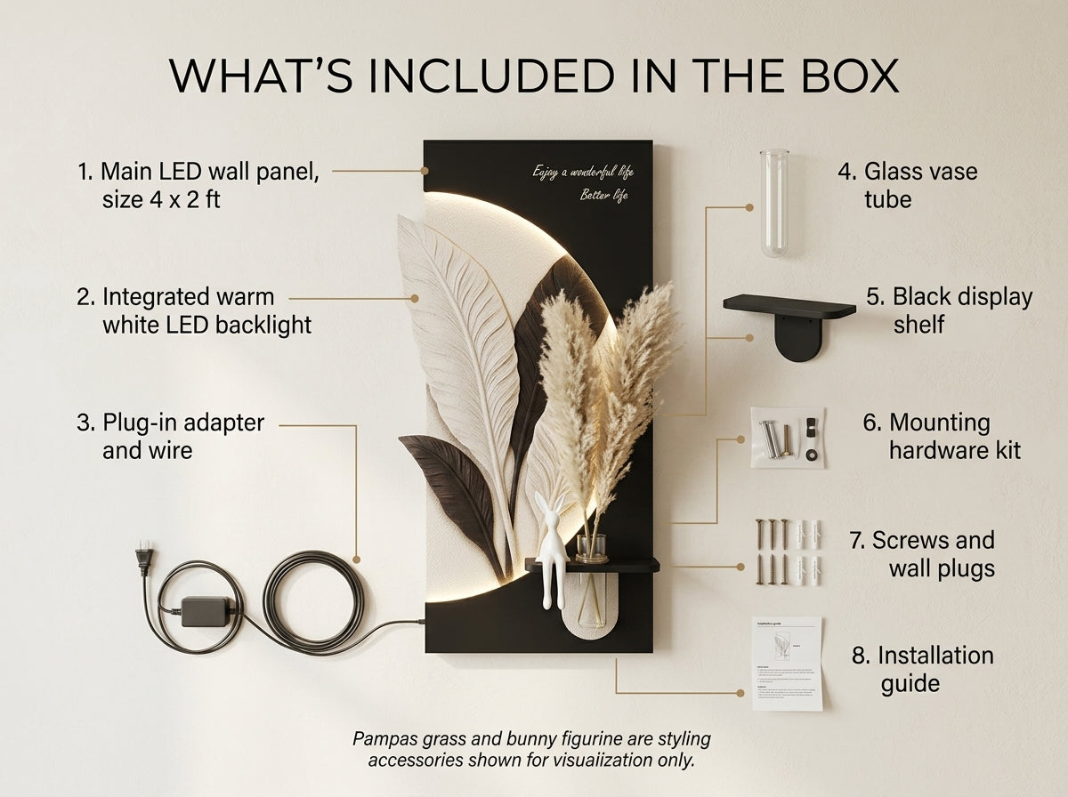 LED wall art Leaf Pampas Vase Panel box contents