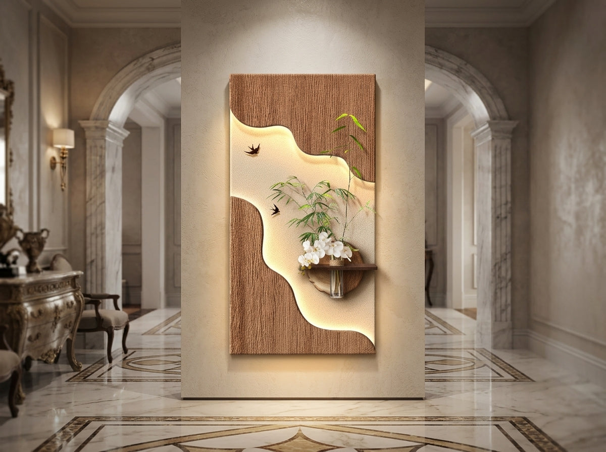 LED wall art with bamboo and orchid – hand-carved walnut texture, sculptural LED illumination, glass vase