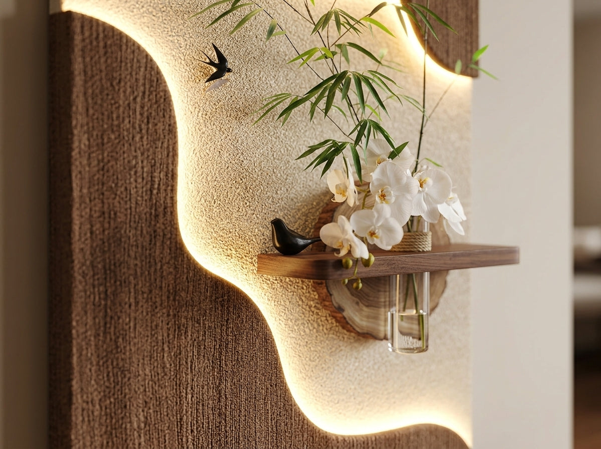 LED wall art bamboo orchid panel in entryway and dining room – warm backlit wood decor India