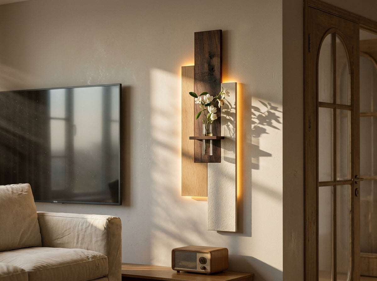 LED wall art walnut oak asymmetric panel with warm backlight and flower vase – real photo, Radha Wood India