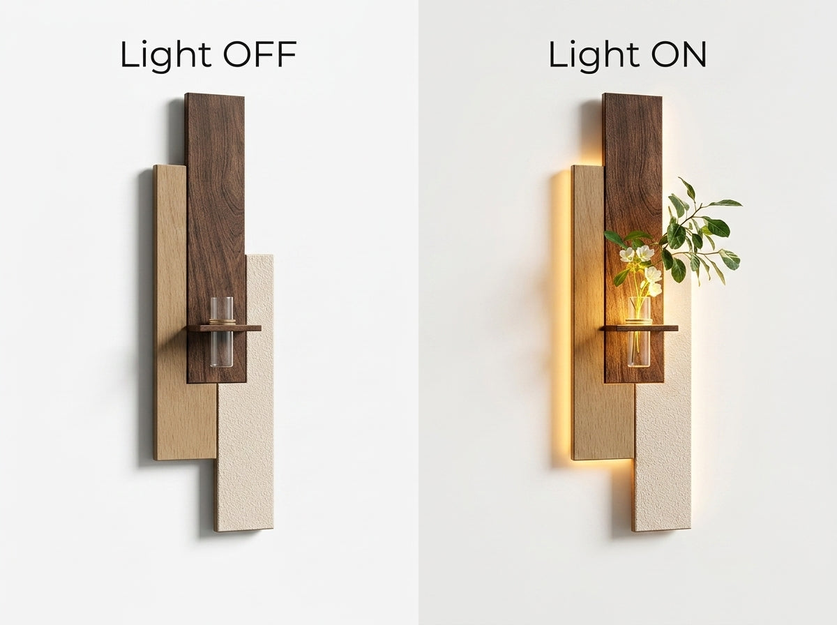 LED wall art light on vs light off comparison – walnut oak panel with warm backlight glow effect