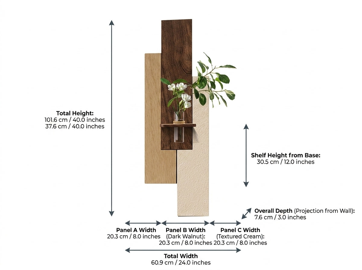 LED wall art size guide – 101.6x60.9 cm, three panel widths 20.3 cm each, technical specifications
