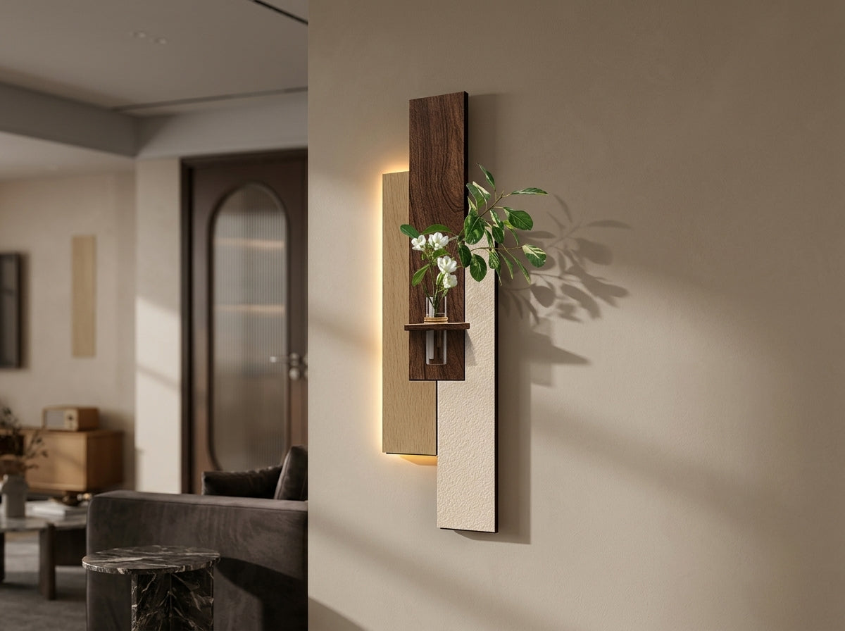 LED wall art complete box contents – main unit, glass vase, mounting hardware, level sticker, instructions