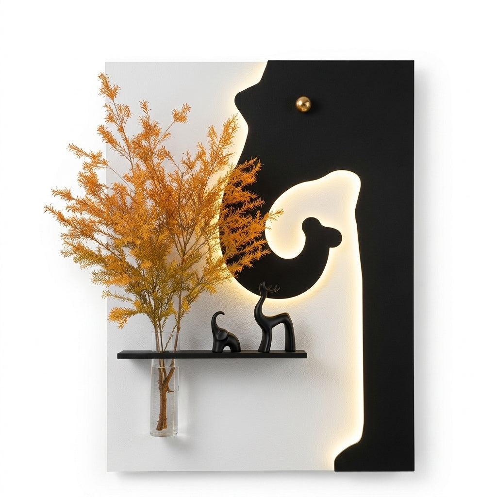 Close up of pine wood shelf with glass vase and decorative figurines on LED wall art