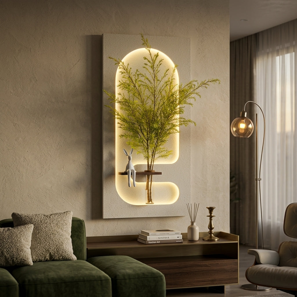 Arch LED wall art with wooden shelf and glass vase in modern living room – Radha Wood