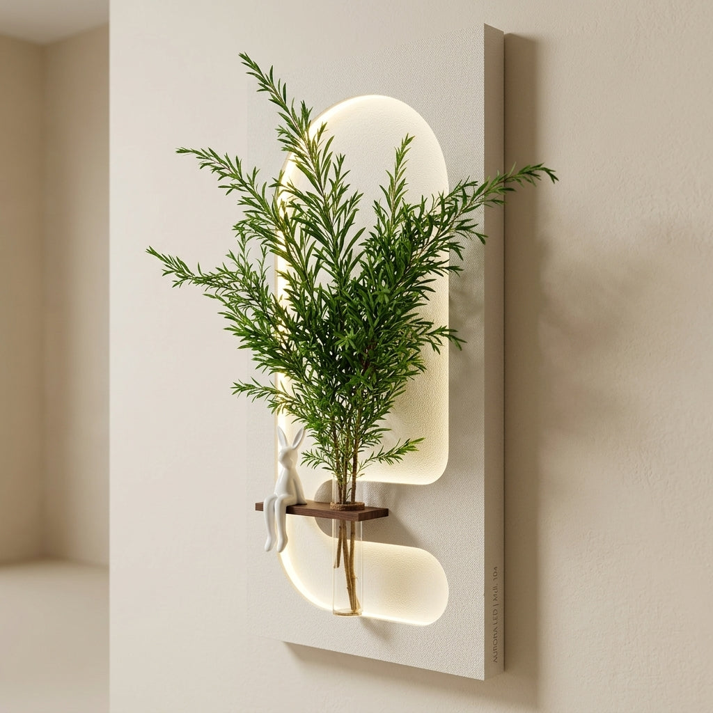 Close up of warm LED strip lighting around arch cutout in wall art panel