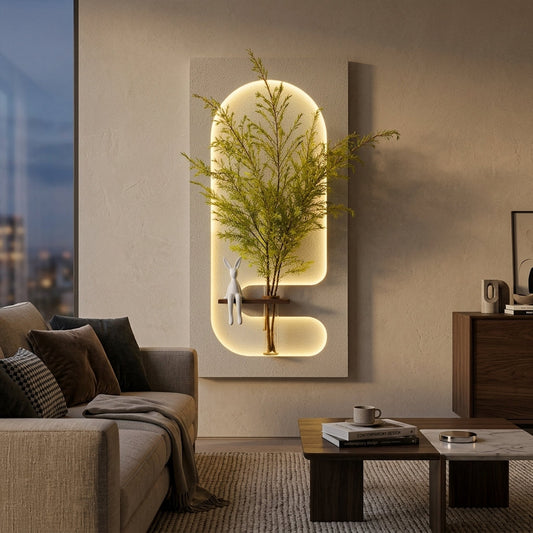Front view of arch shaped LED wall art panel with warm backlight – Radha Wood