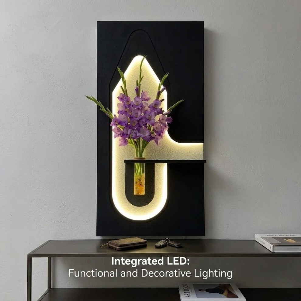 Wooden LED wall decor with vase for living room decoration