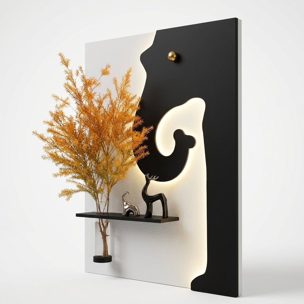 Black white LED wall art creating warm ambient glow in dark living room – Radha Wood India