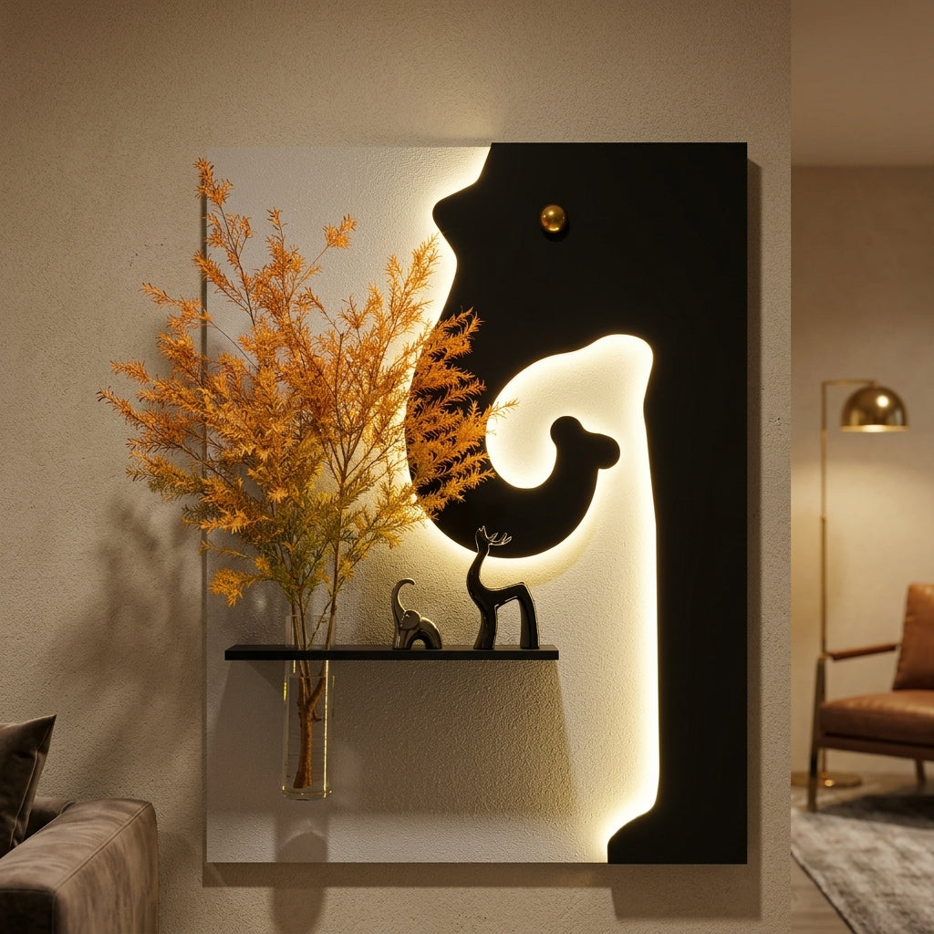Warm LED backlight glowing through abstract cutout in black white wall art panel