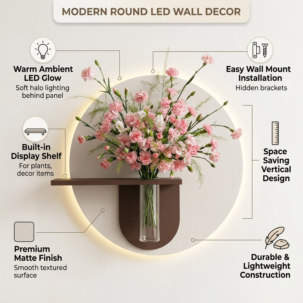 Round LED wall art with shelf and glass vase for home decor