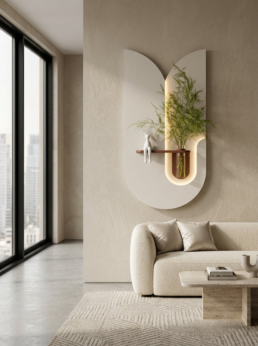 Double arch LED wall art with wooden shelf and glass vase in modern living room – Radha Wood