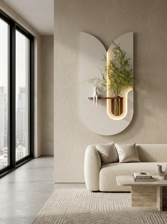 Double arch LED wall art with wooden shelf and glass vase in modern living room – Radha Wood