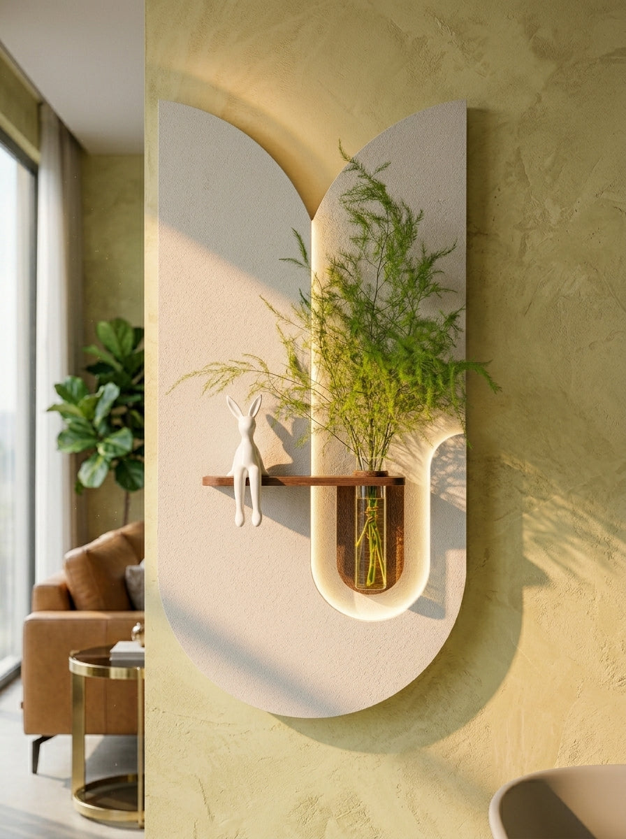 Close up of wooden shelf with glass vase inside double arch LED wall art – Radha Wood