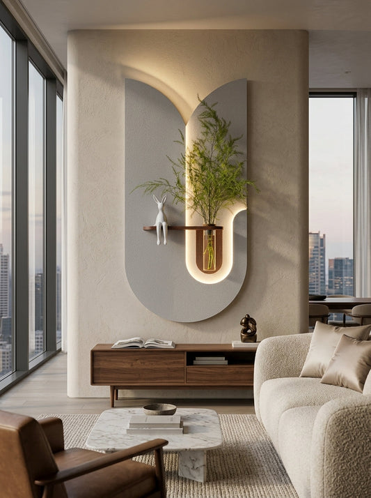 Front view of double arch shaped LED wall art panel with warm backlight – Radha Wood 
