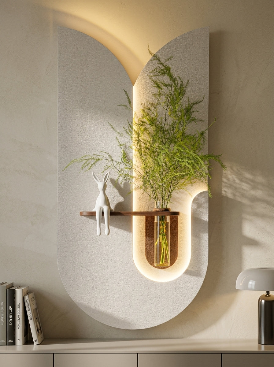 Double arch LED wall art glowing in evening creating warm ambient light in living room