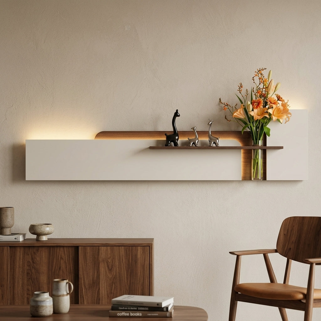 4x1 ft horizontal LED wall art panel with pine wood shelf and glass vase in modern living room – Radha Wood