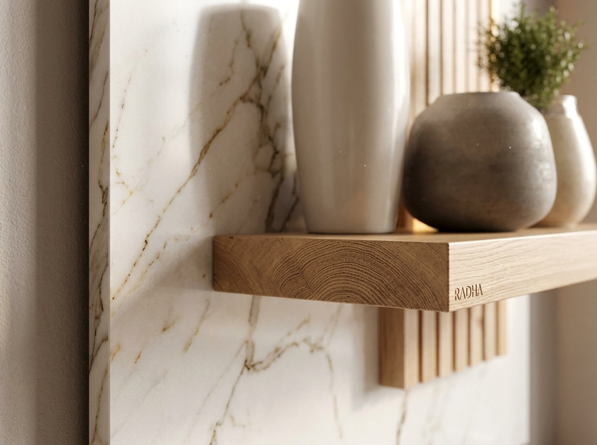 Wooden shelf with decorative vases against a marble wall