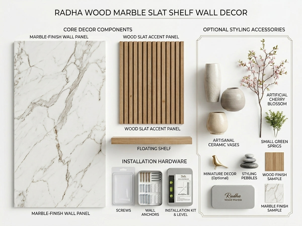 RADHA Wood Marble Slat Shelf wall decor set with components and accessories.