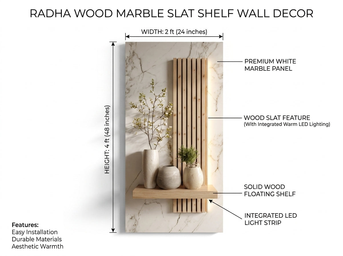 Wood marble slat shelf wall decor with features and measurements on a white background
