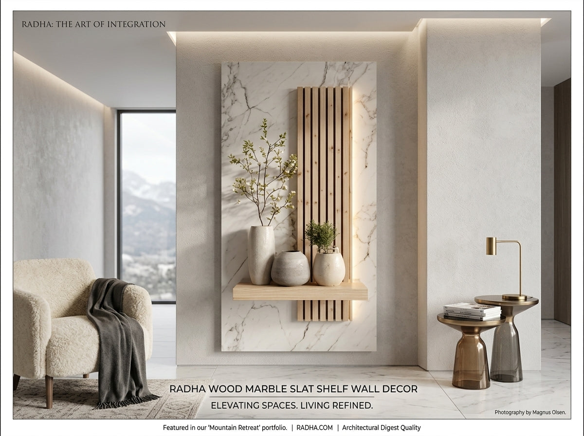 Modern interior design with a wood marble slat shelf wall decor, featuring a chair and decorative items.
