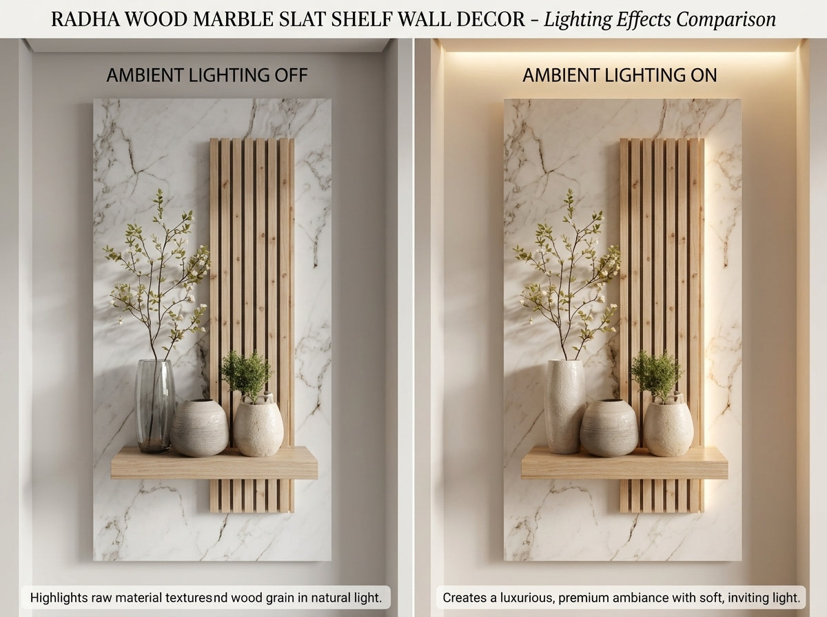 Comparison of Radha Wood Marble Slat Shelf Wall Decor with and without ambient lighting.
