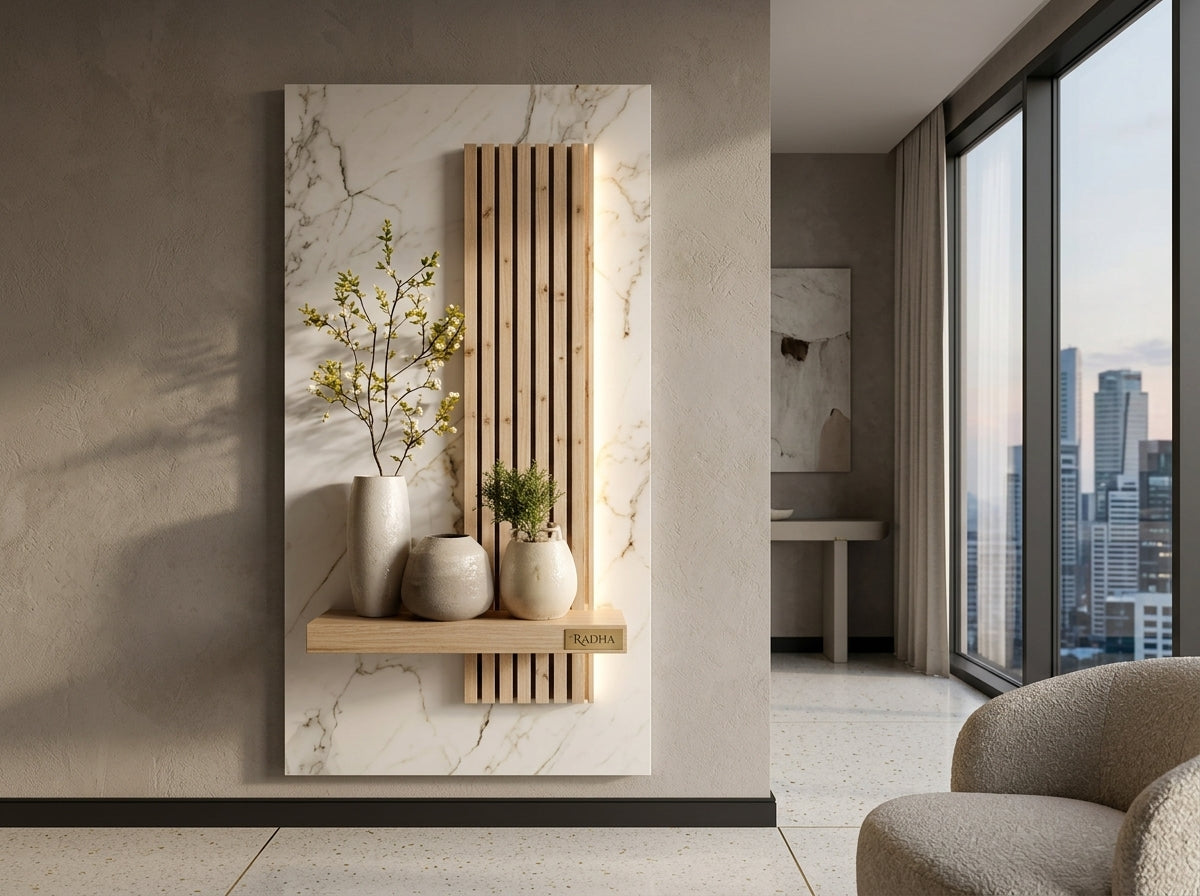 Modern interior design with a wall-mounted radiator and decorative elements.