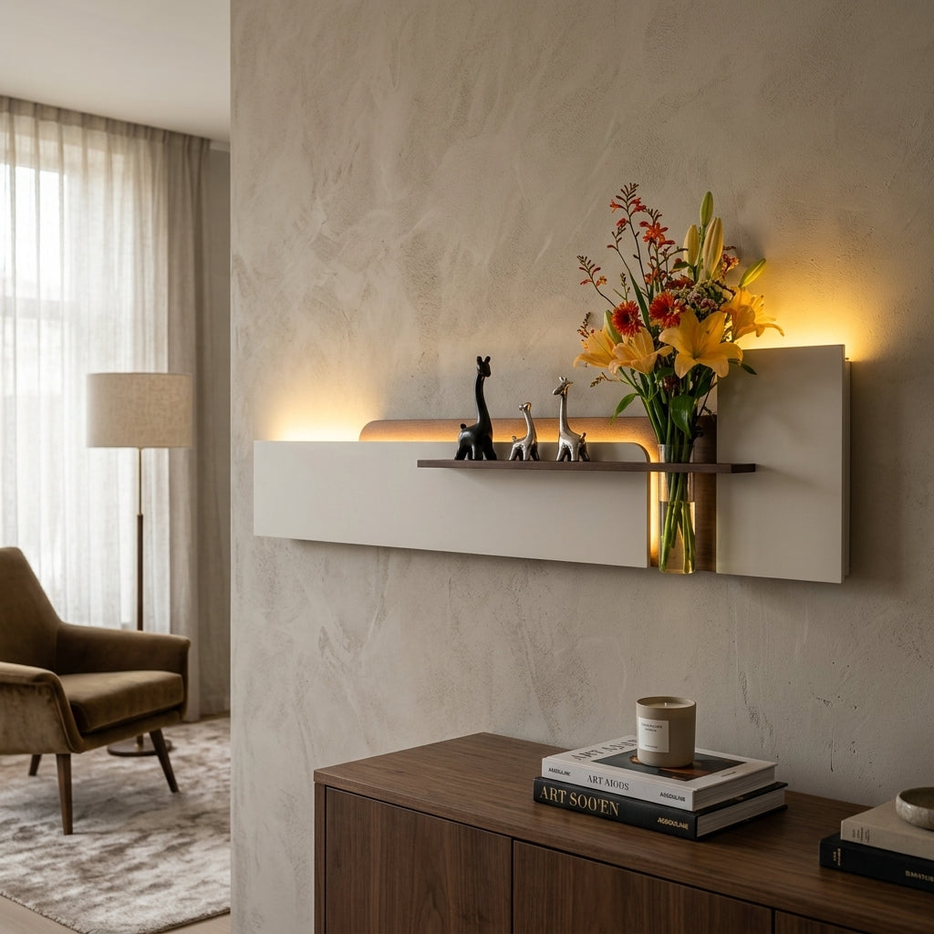 Close up of warm LED strip under pine wood shelf on horizontal wall art panel