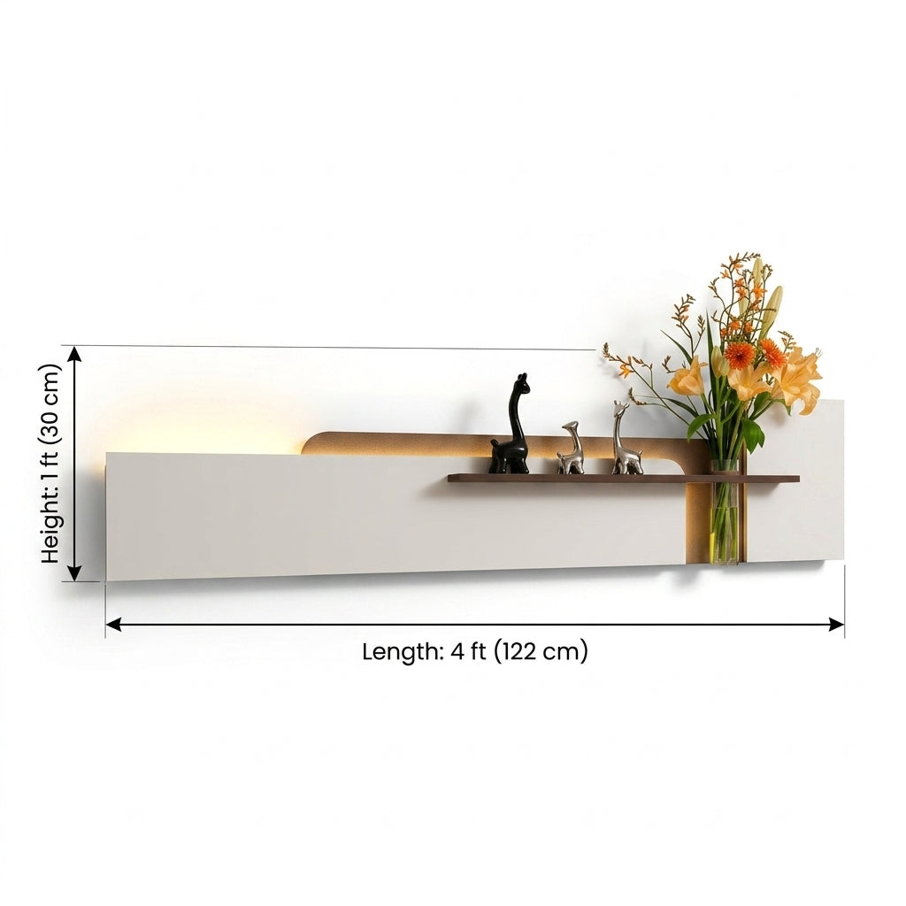 Pine wood shelf with glass vase and decorative figurines on LED wall art panel – Radha Wood