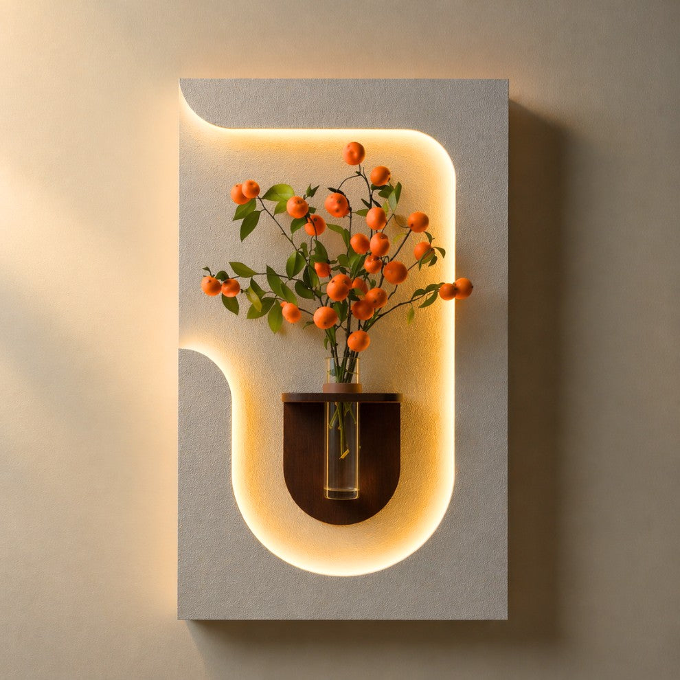 Wooden LED wall decor with vase for living room decoration