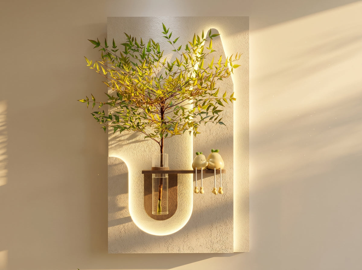 LED wooden wall decor with shelf in living room setup modern home decor
