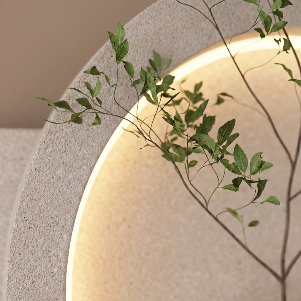 Living room wall decorated with modern LED shelf decor
