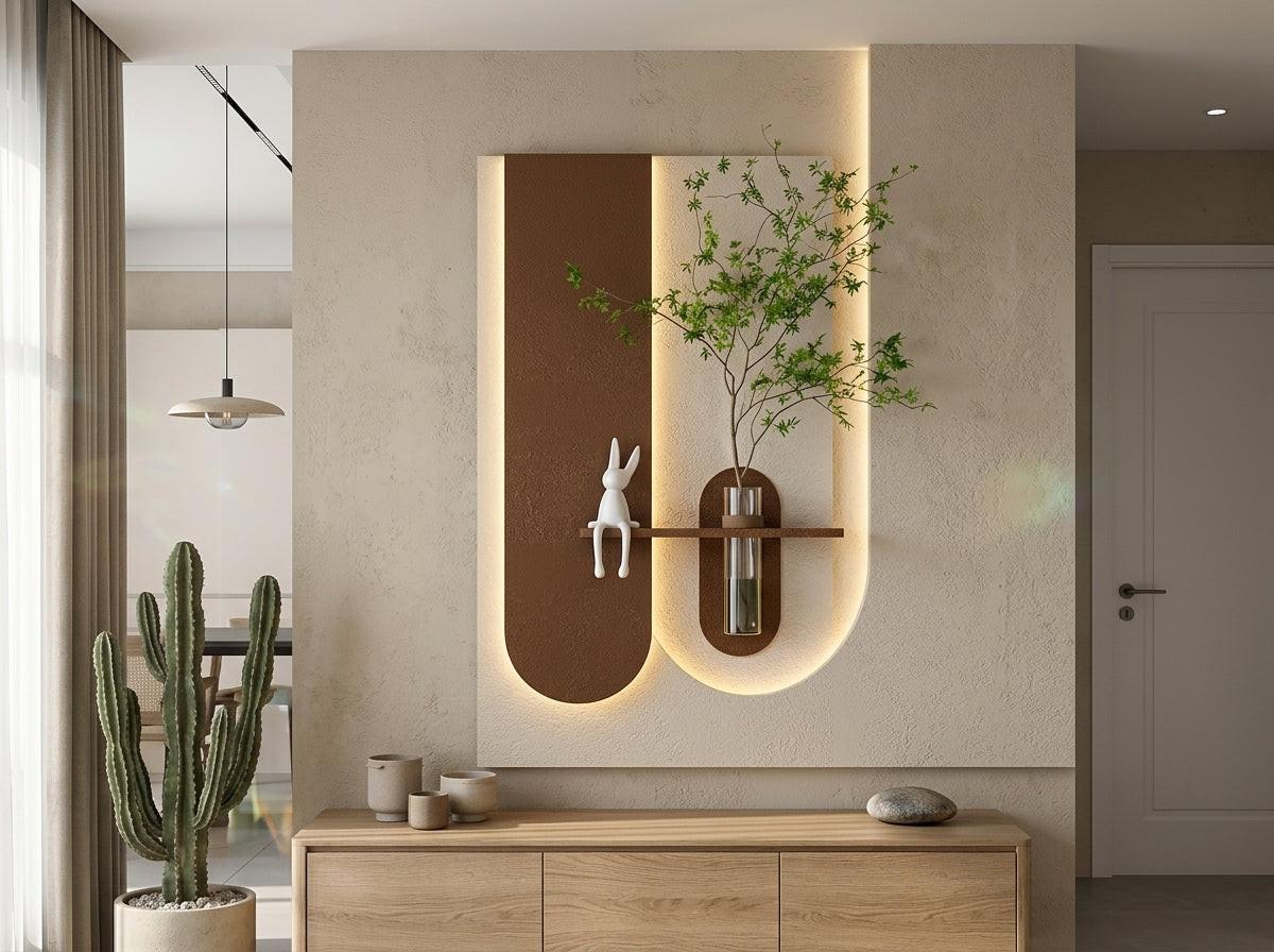 Modern wooden wall decor installed in living room premium handcrafted wall art India