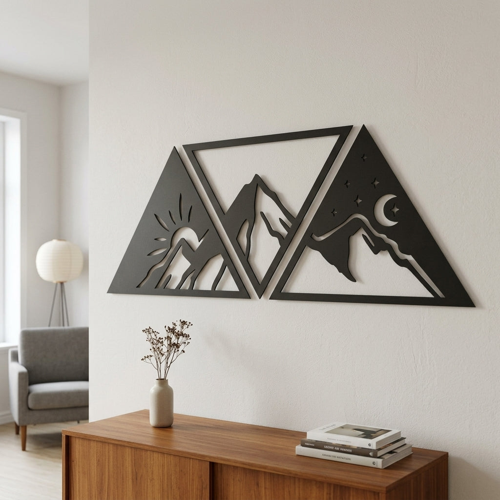 Modern wooden wall art with mountain theme