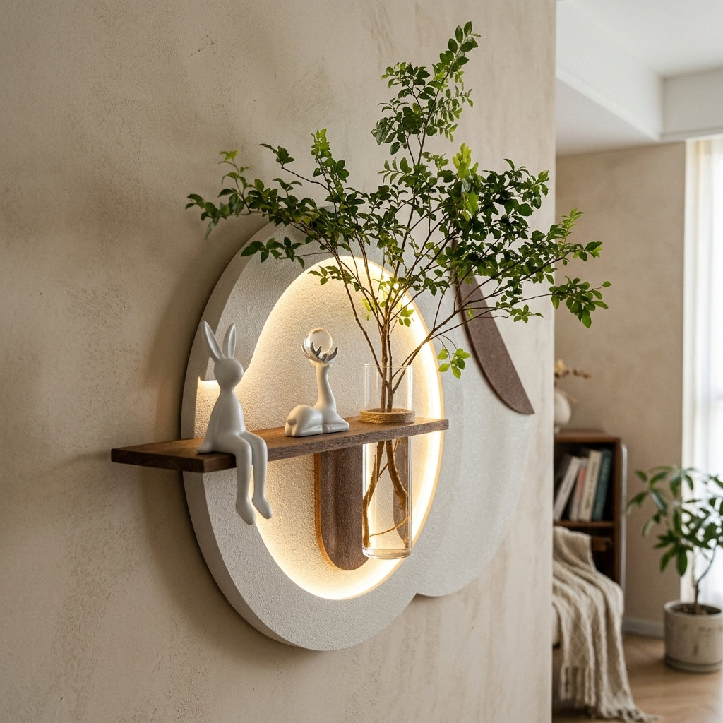 Contemporary wall decor with LED light and wooden shelf design