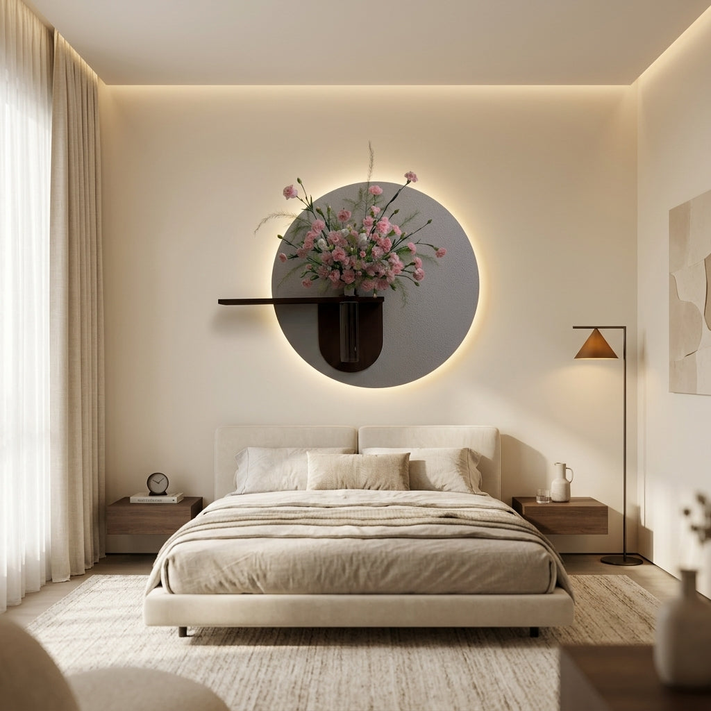 Premium wooden wall decor with LED light and glass vase holder
