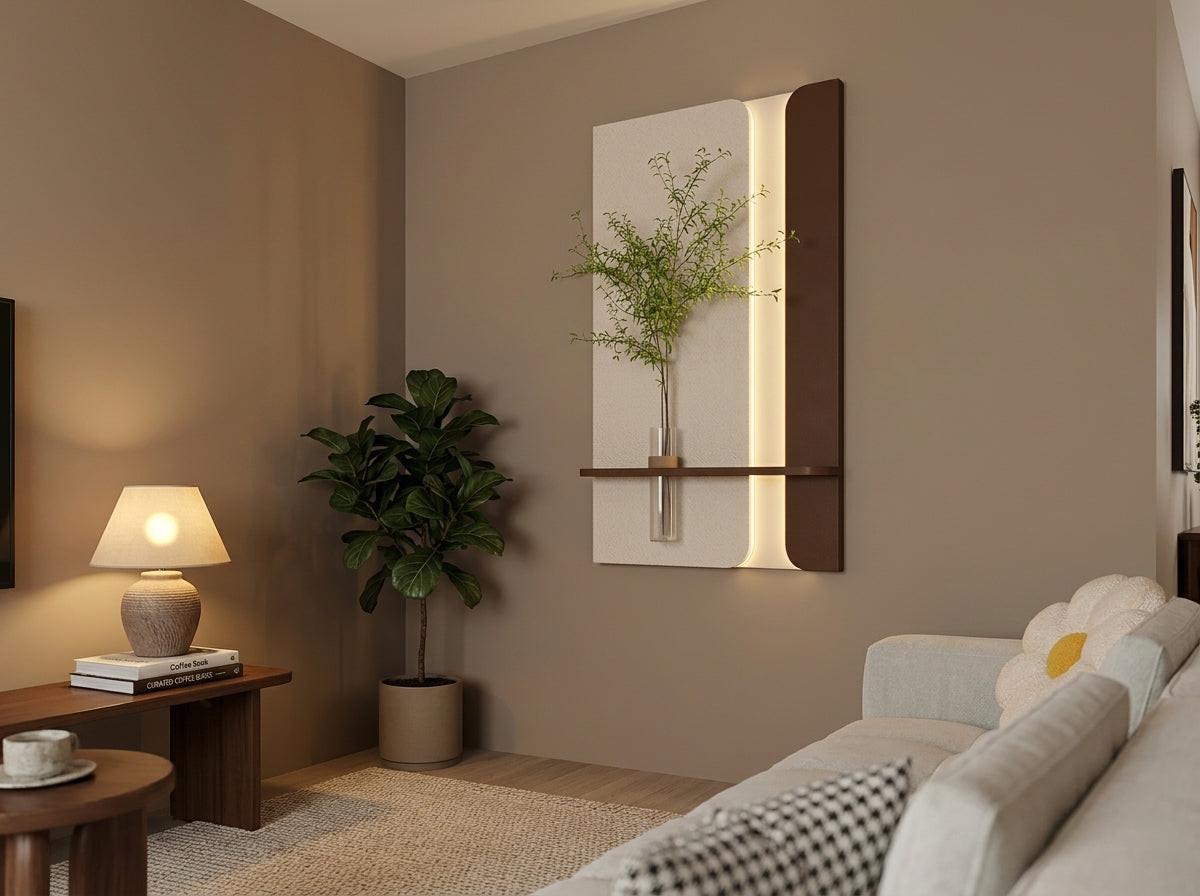Modern LED wooden wall decor front view with vase shelf handcrafted HDF and teak pine wood wall art by Radha Wood