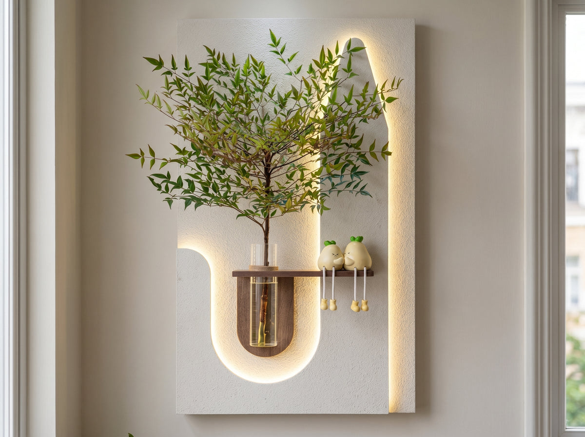 Modern LED wooden wall decor with shelf and vase made of laminated MDF for living room