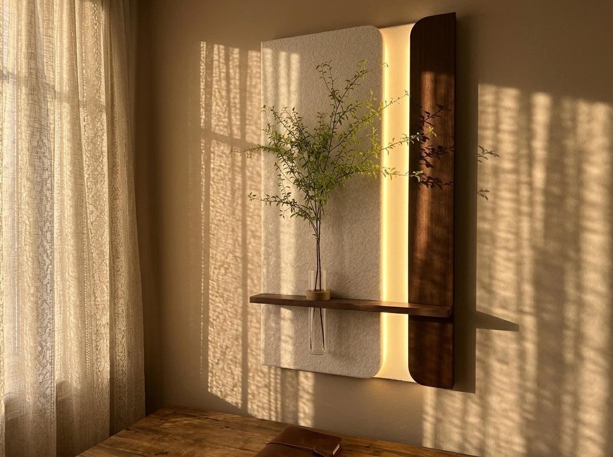 Modern wooden LED wall art installed in living room interior with warm ambient lighting and minimalist decor style