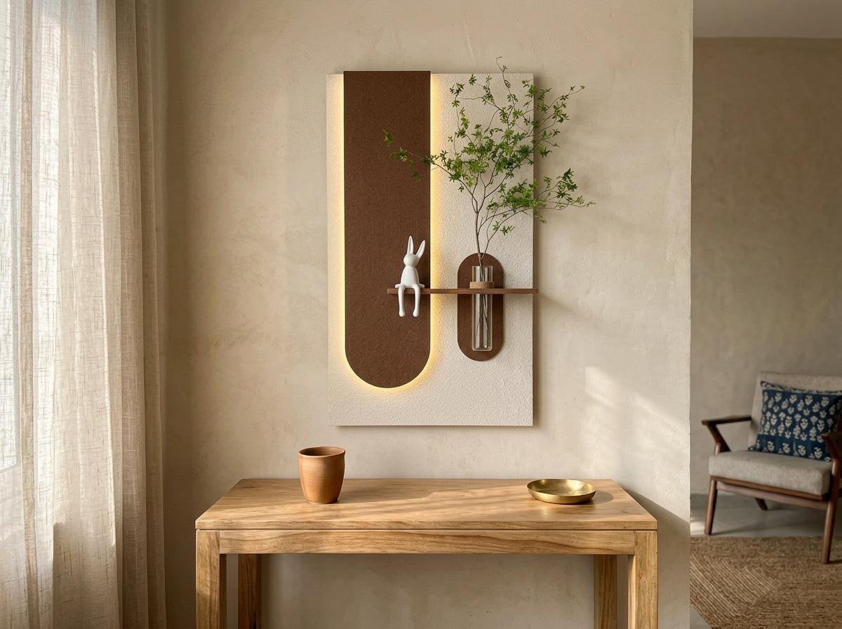 Side angle view of modern wooden wall art with shelf design premium wall decor for luxury interiors