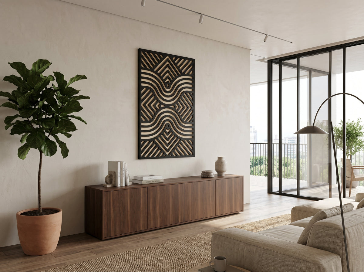 Modern wooden wall decor with geometric design pattern