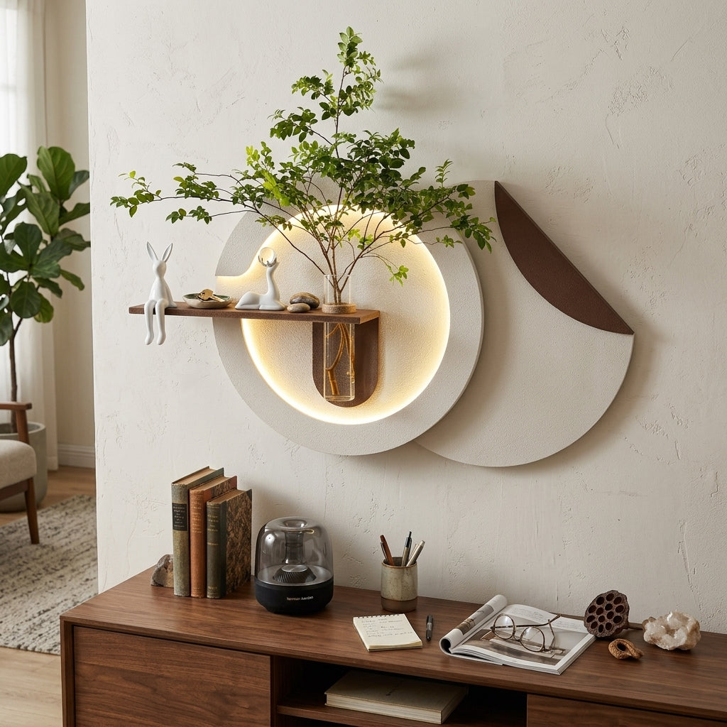 Designer wooden wall decor with warm LED light and plant holder