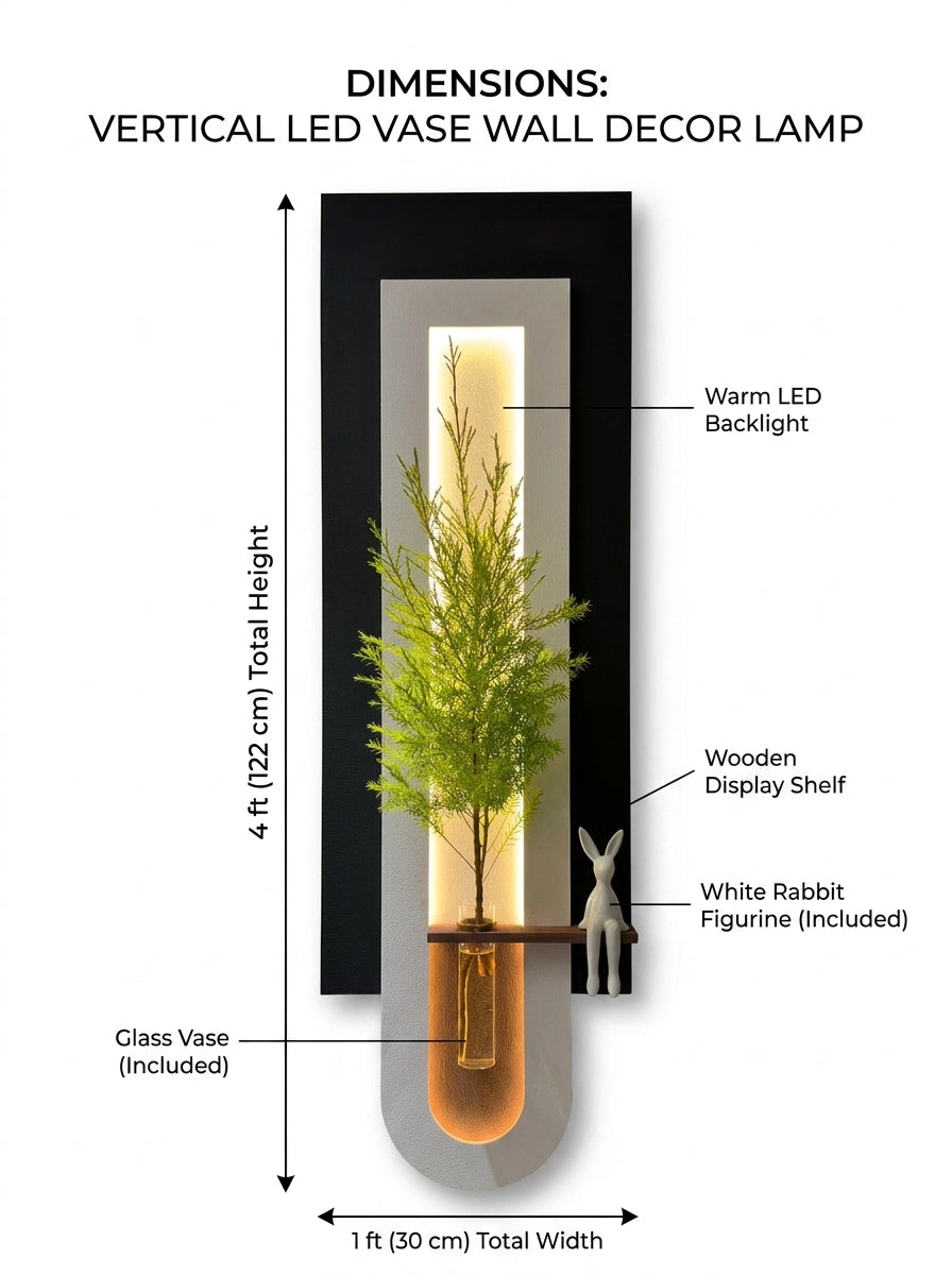 Close up of pine wood shelf with illuminated glass vase inside vertical LED wall art – Radha Wood