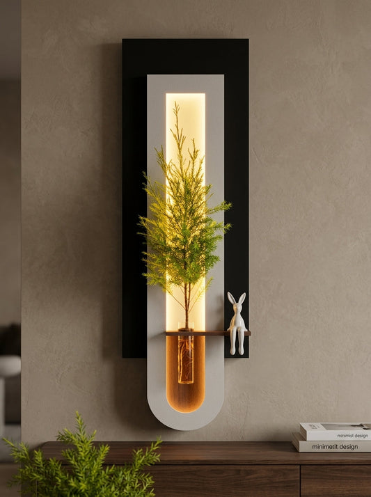 Vertical LED wall art with black frame, wooden shelf and glass vase in modern living room – Radha Wood