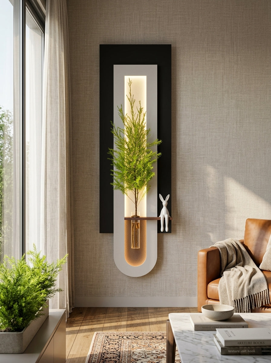 Bold black and white contrast vertical LED wall art panel with warm backlight – Radha Wood India
