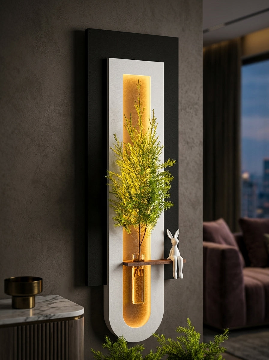Front view of vertical black frame LED wall art panel with warm capsule backlight – Radha Wood India