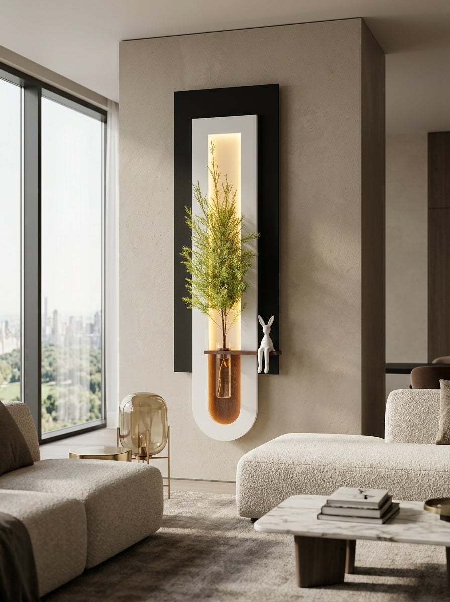Warm LED glow inside capsule cutout of vertical black frame wall art – handcrafted by Radha Wood
