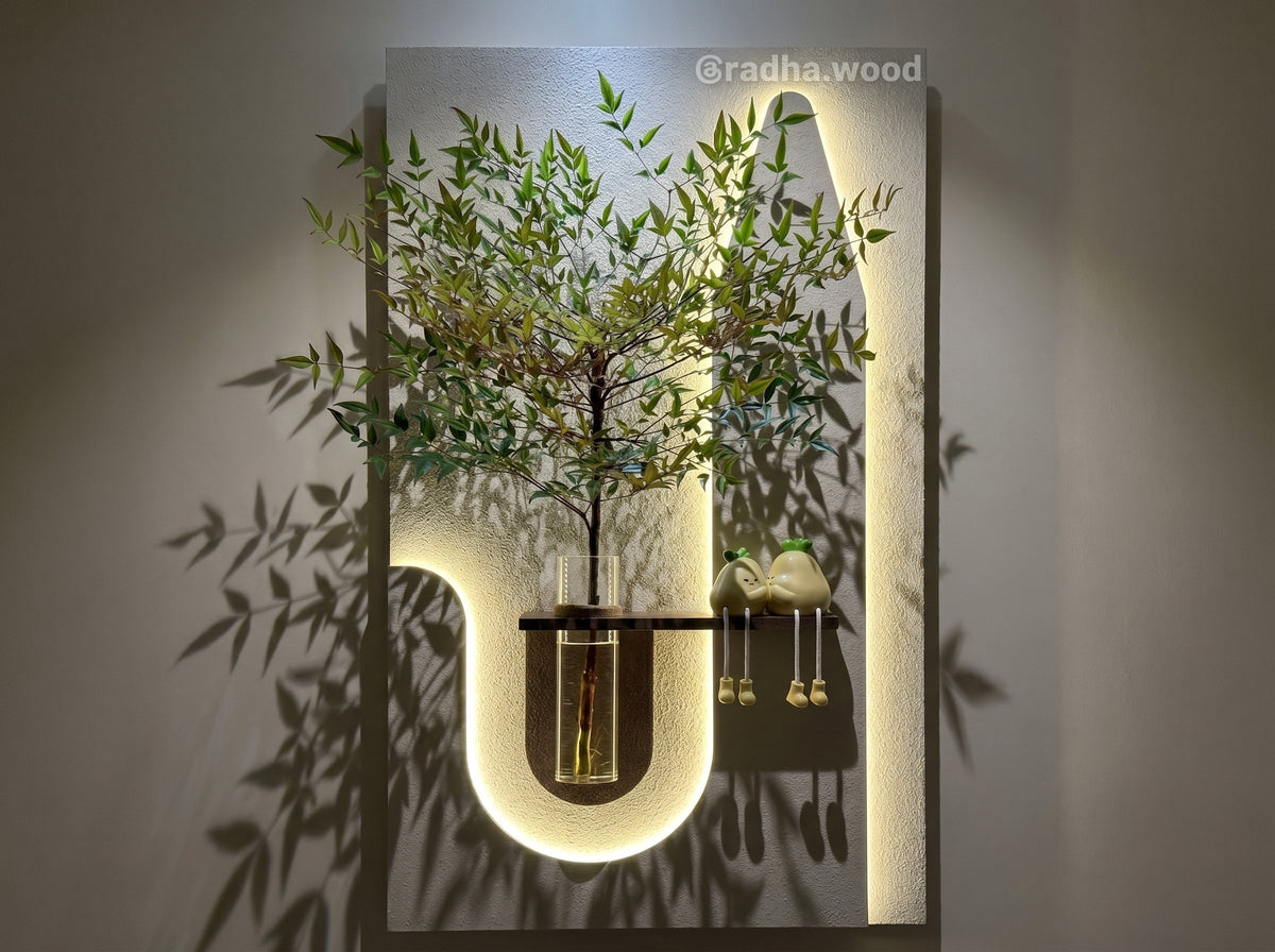 Warm LED lighting effect in modern wooden wall decor panel for home